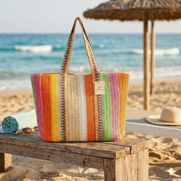 Een grote, handgemaakte gehaakte shopper met verticale strepen in verschillende tinten oranje, beige en wit, staand op een houten bankje op een zonnig strand.