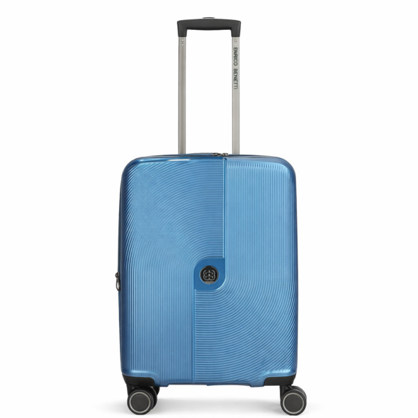 Blauwe Enrico Benetti Richmond handbagagekoffer met vier wielen en uitschuifbare handgreep.