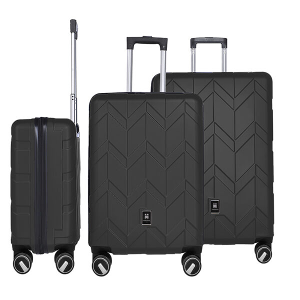 3-delige Butterfly kofferset zwart met handbagage trolley en twee grote reiskoffers op wielen.