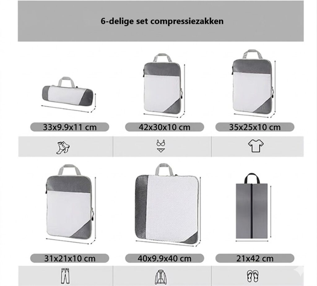 Een overzichtelijke infographic met de afmetingen van alle 6 tassen in de set, inclusief specifieke iconen voor aanbevolen kledinginhoud (sokken, ondergoed, T-shirts, broeken, schoenen).