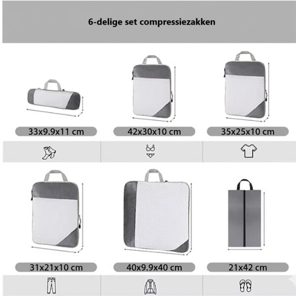 Een overzichtelijke infographic met de afmetingen van alle 6 tassen in de set, inclusief specifieke iconen voor aanbevolen kledinginhoud (sokken, ondergoed, T-shirts, broeken, schoenen).