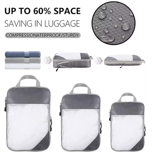 Een infographic die de compressiefunctie van de tassen demonstreert (tot 60% ruimtebesparing) en een close-up van de waterbestendige stof met druppels.