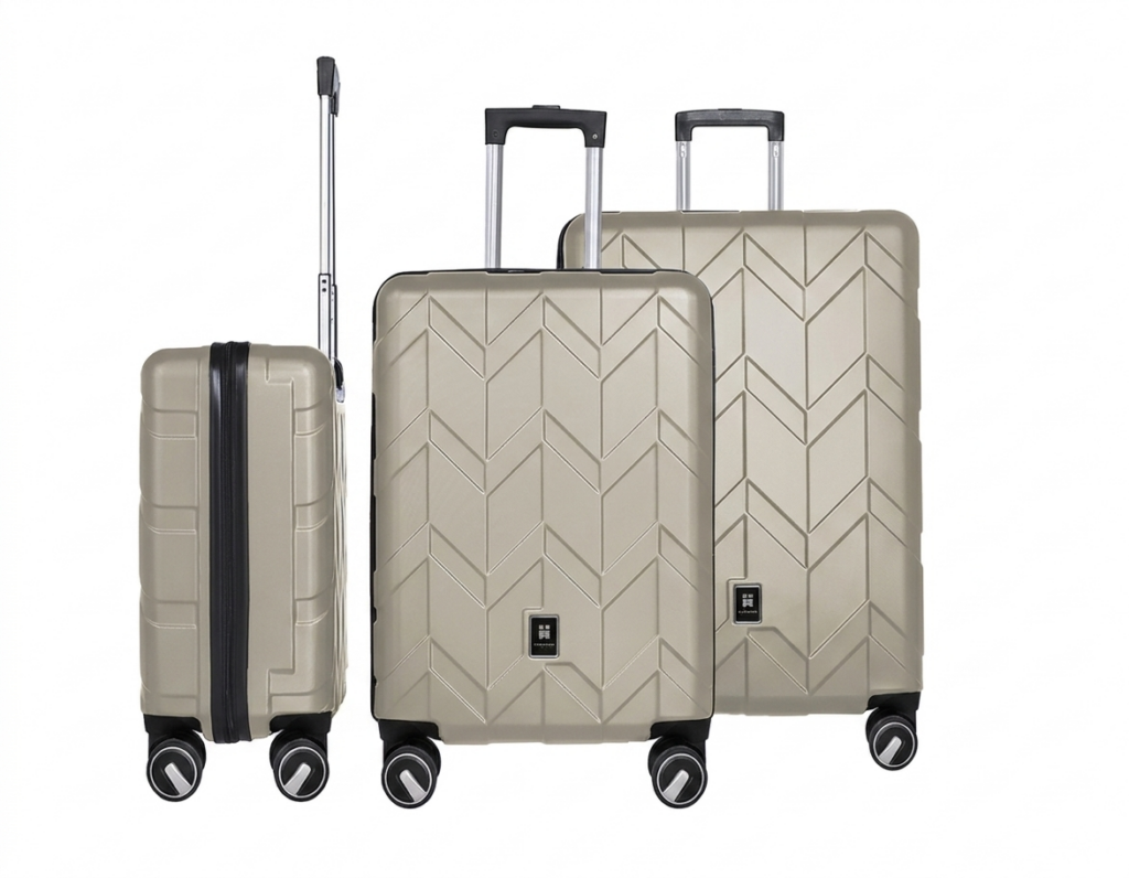 3-delige Butterfly kofferset champagne met handbagage trolley en twee grote reiskoffers op wielen.