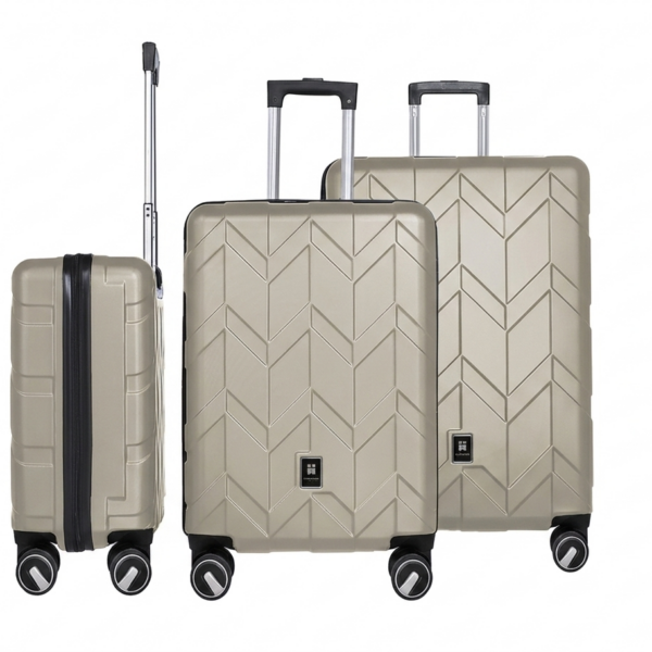 3-delige Butterfly kofferset champagne met handbagage trolley en twee grote reiskoffers op wielen.