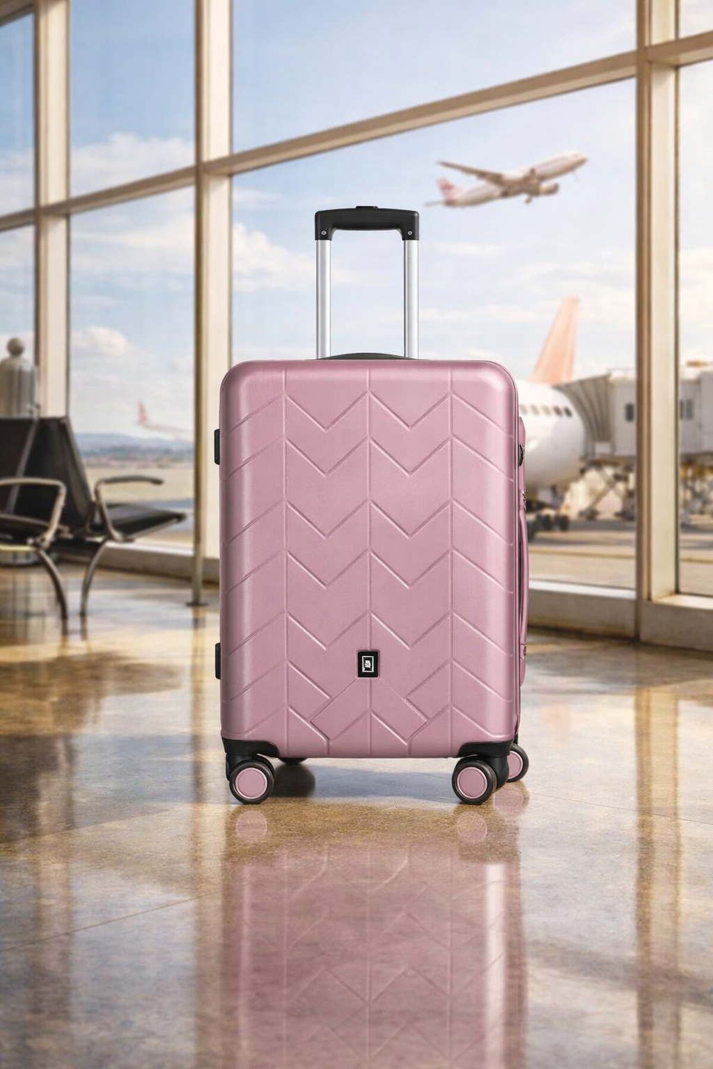 Butterfly middelgrote koffer roze paars maat M hardcase trolley met geometrisch patroon en 360 graden wielen.