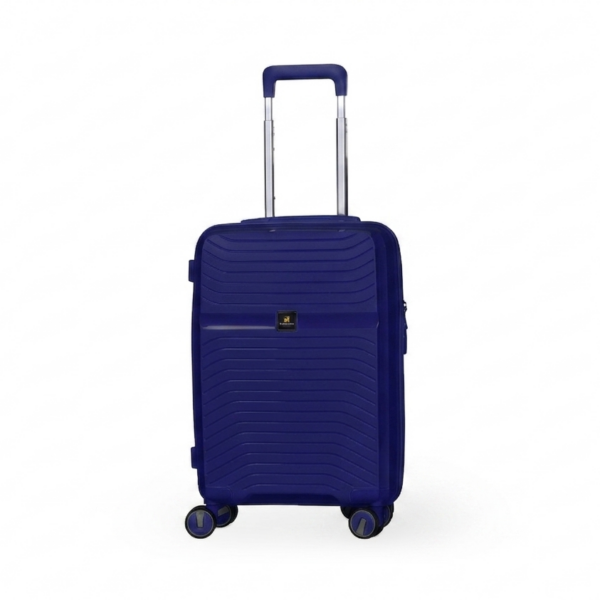 Een compacte blauwe Daisy handbagagekoffer maat S op een witte achtergrond. Deze hardcase van polypropyleen heeft een golvend design, een uitgeschoven aluminium trekstang, een TSA-cijferslot en vier dubbele, stille zwenkwielen.