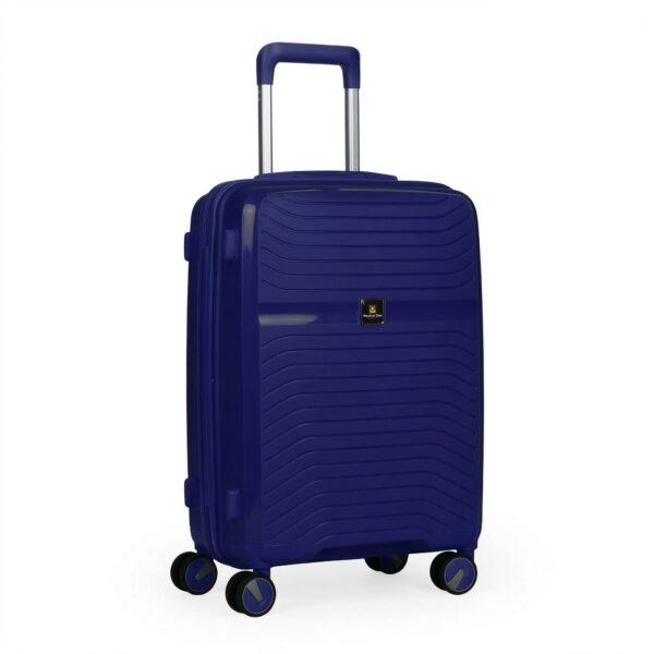 Vooraanzicht van de Daisy blauwe koffer maat L, een hardcase ruimbagagekoffer met horizontaal golvend reliëf, vier dubbele zwenkwielen en een uitschuifbare trekstang