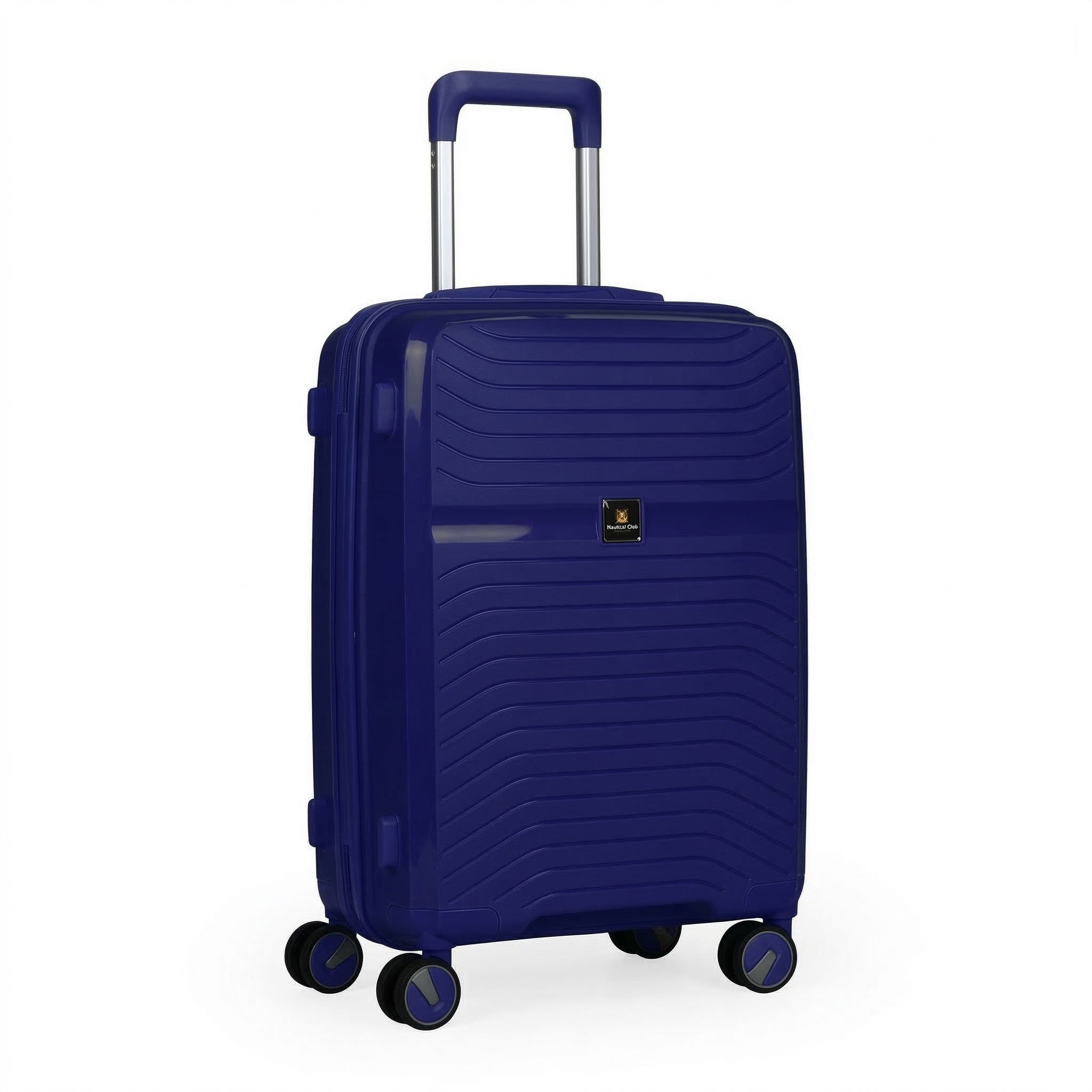 Vooraanzicht van de Daisy blauwe koffer maat L, een hardcase ruimbagagekoffer met horizontaal golvend reliëf, vier dubbele zwenkwielen en een uitschuifbare trekstang