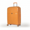 Vooraanzicht van de Daisy oranje koffer maat L, een hardcase ruimbagagekoffer met horizontaal golvend reliëf, vier dubbele zwenkwielen en een uitschuifbare trekstang