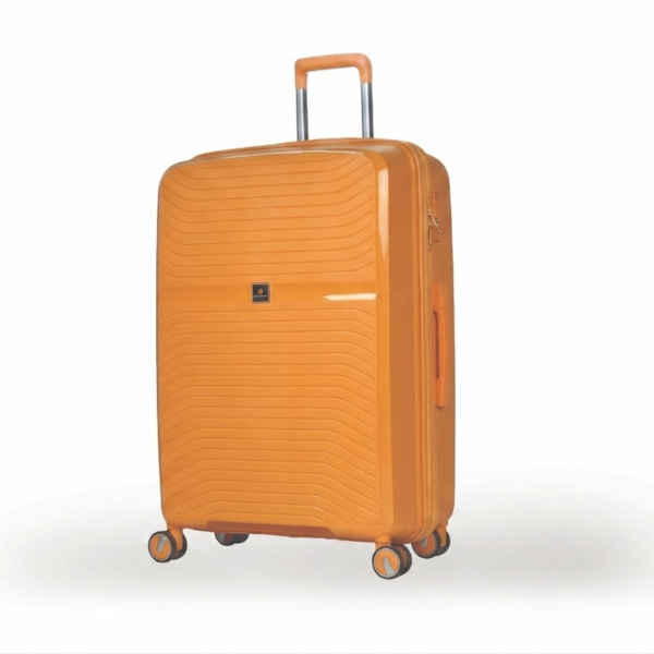 Vooraanzicht van de Daisy oranje koffer maat L, een hardcase ruimbagagekoffer met horizontaal golvend reliëf, vier dubbele zwenkwielen en een uitschuifbare trekstang