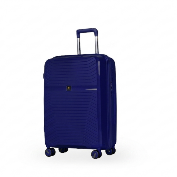 Middelgrote Daisy koffer in het blauw, type ruimbagage maat M. Hardcase van polypropyleen met golvend design, TSA-cijferslot en vier dubbele 360-graden wielen op een witte achtergrond.