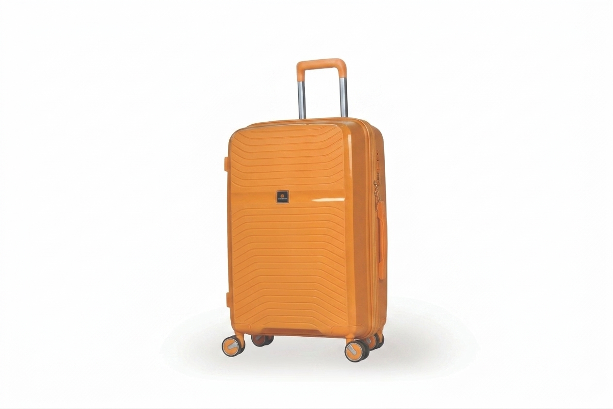 Middelgrote Daisy koffer in het oranje, type ruimbagage maat M. Hardcase van polypropyleen met golvend design, TSA-cijferslot en vier dubbele 360-graden wielen op een witte achtergrond.