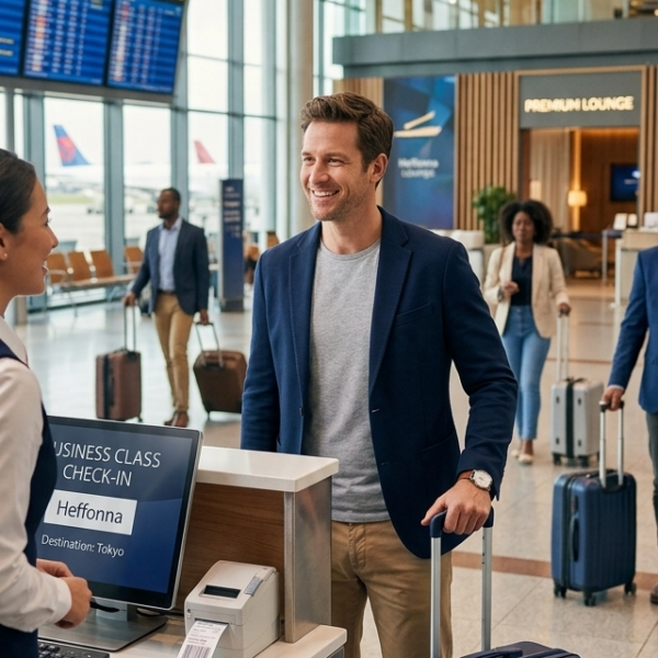 Reiziger checkt in op de luchthaven met een donkerblauwe Violet koffer.