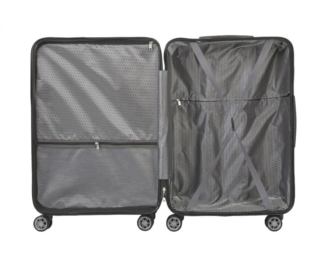 Gevoerde binnenkant van een zwarte reiskoffer met pakriemen en ritsvak