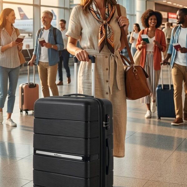 Glimlachende vakantieganger op de luchthaven met een zwarte Violet koffer.