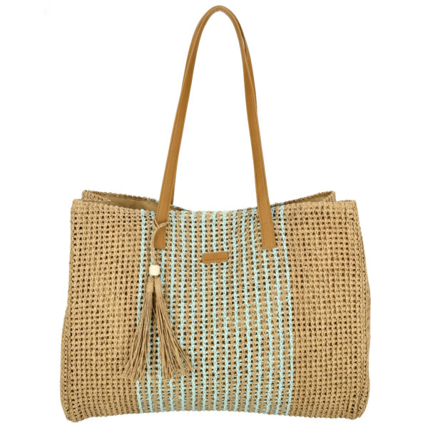 Enrico Benetti Capri strandtas lichtblauw van geweven raffia met leren hengsels en kwastje