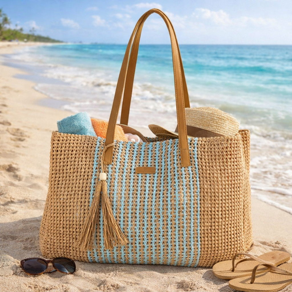 Enrico Benetti Capri strandtas lichtblauw van geweven raffia met leren hengsels en kwastje
