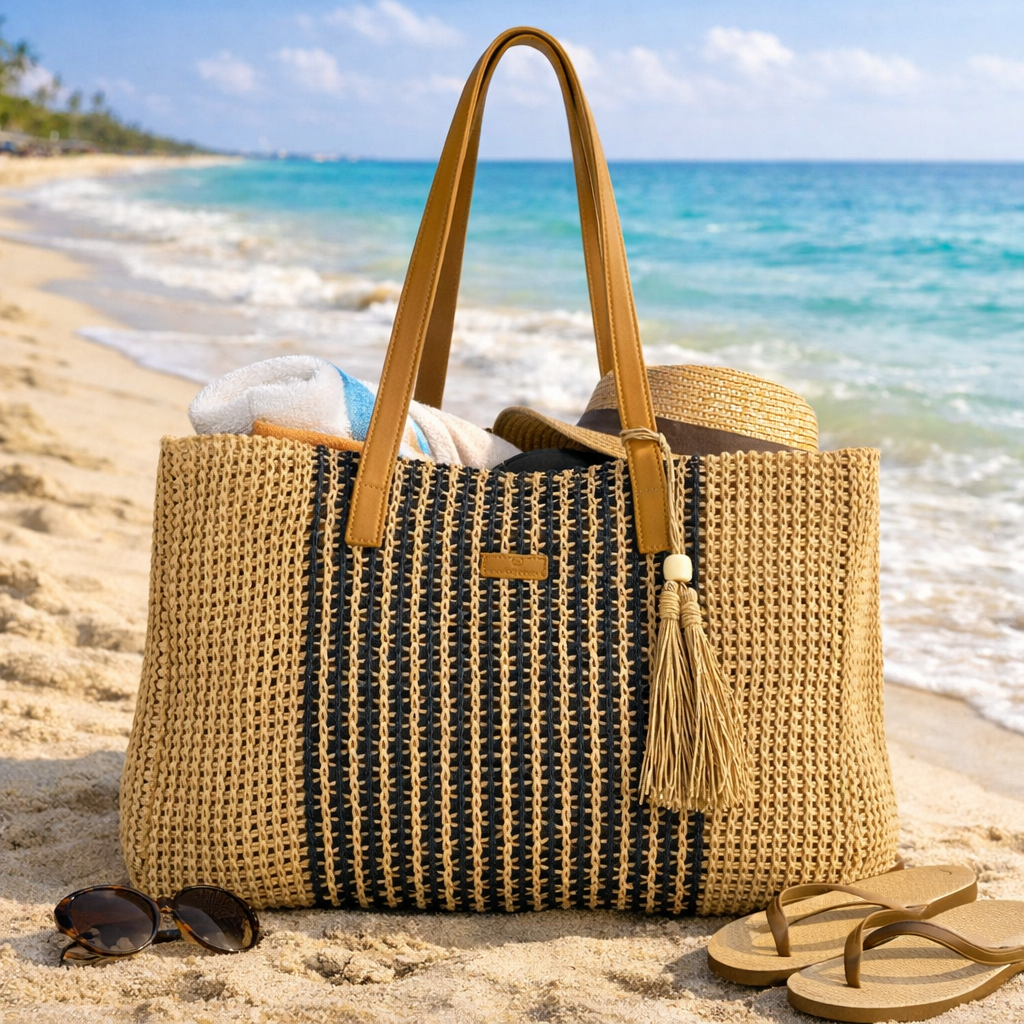 Enrico Benetti strandtas beige‑zwart van geweven raffia met leren hengsels en kwastje