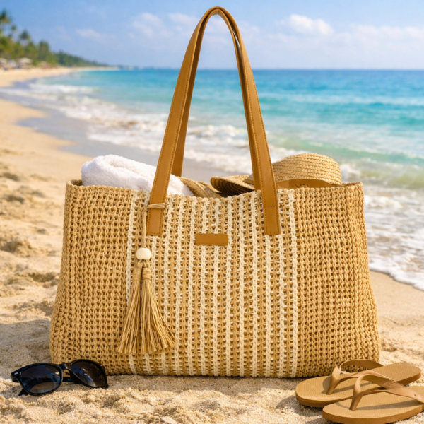 Enrico Benetti strandtas naturel raffia met leren hengsels en kwastje op het strand