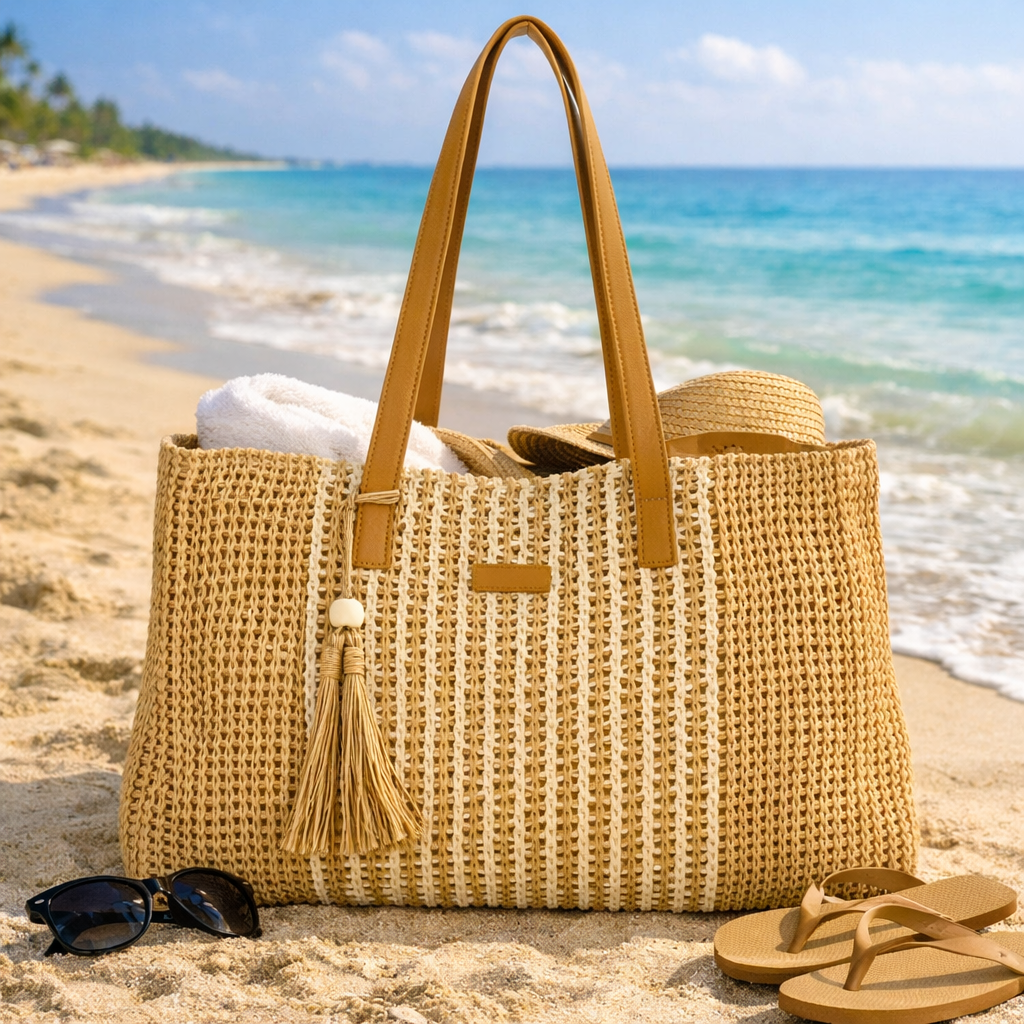 Enrico Benetti strandtas naturel raffia met leren hengsels en kwastje op het strand